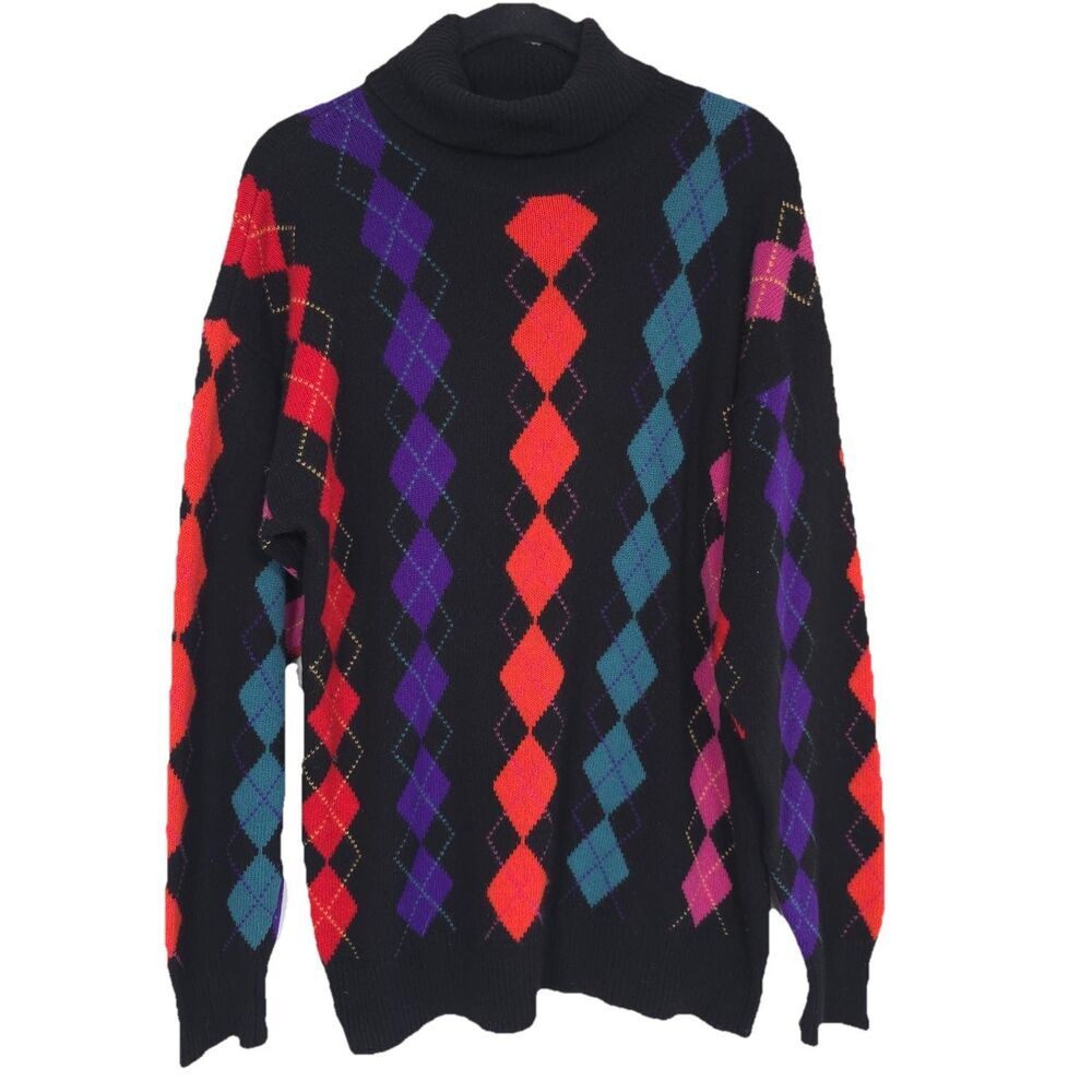 Neiman Marcus LARGE‎ 100% CASHMERE Vintage Turtleneck Sweater Multi Diamond 80s